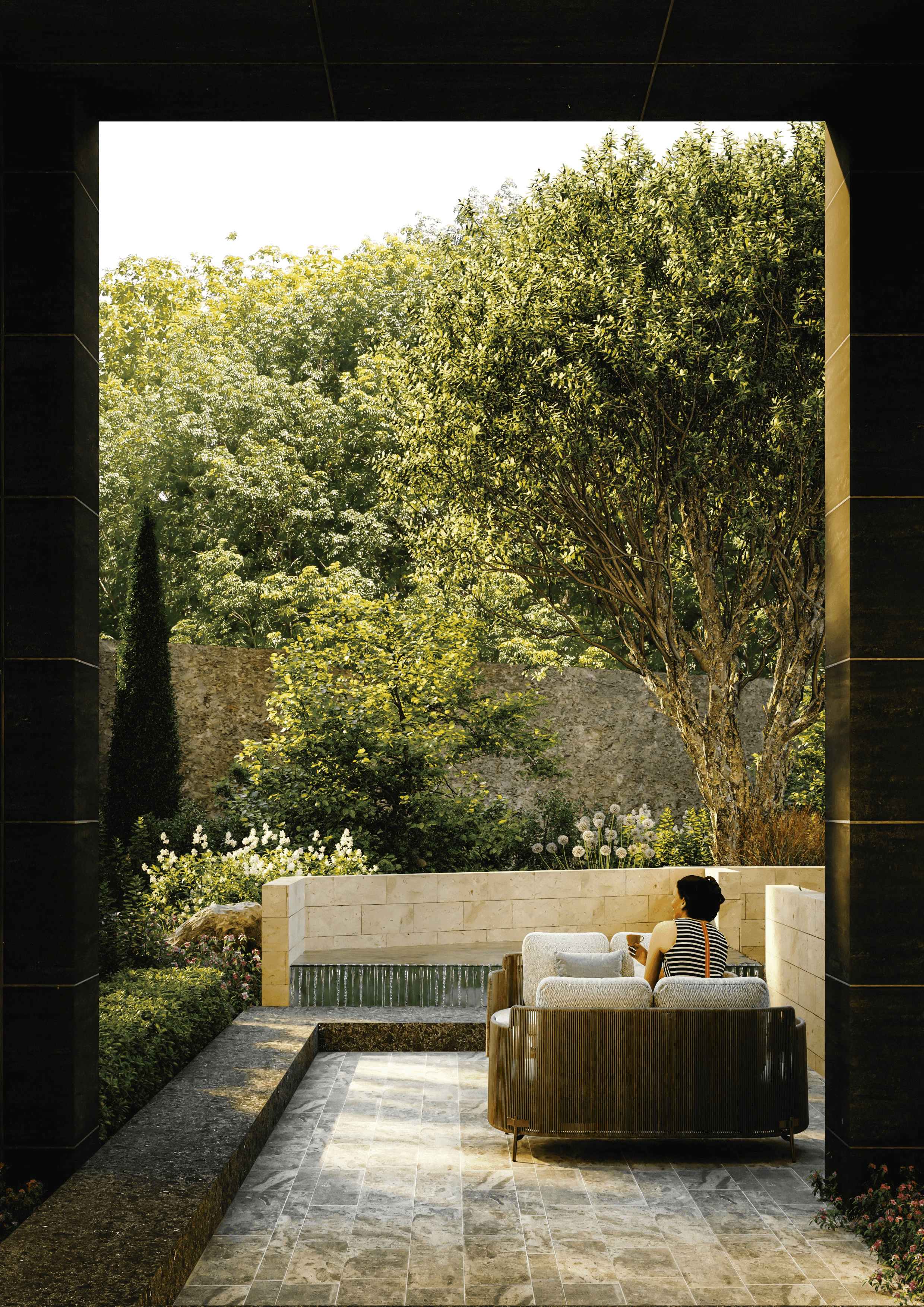 A person relaxing in a beautiful garden.