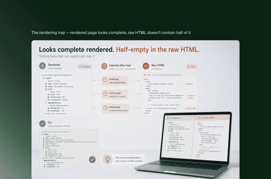 Rendering-Falle bei Product Schema: gerenderte Produktseite wirkt vollständig, im Roh-HTML fehlen Reviews, Preis und Schema