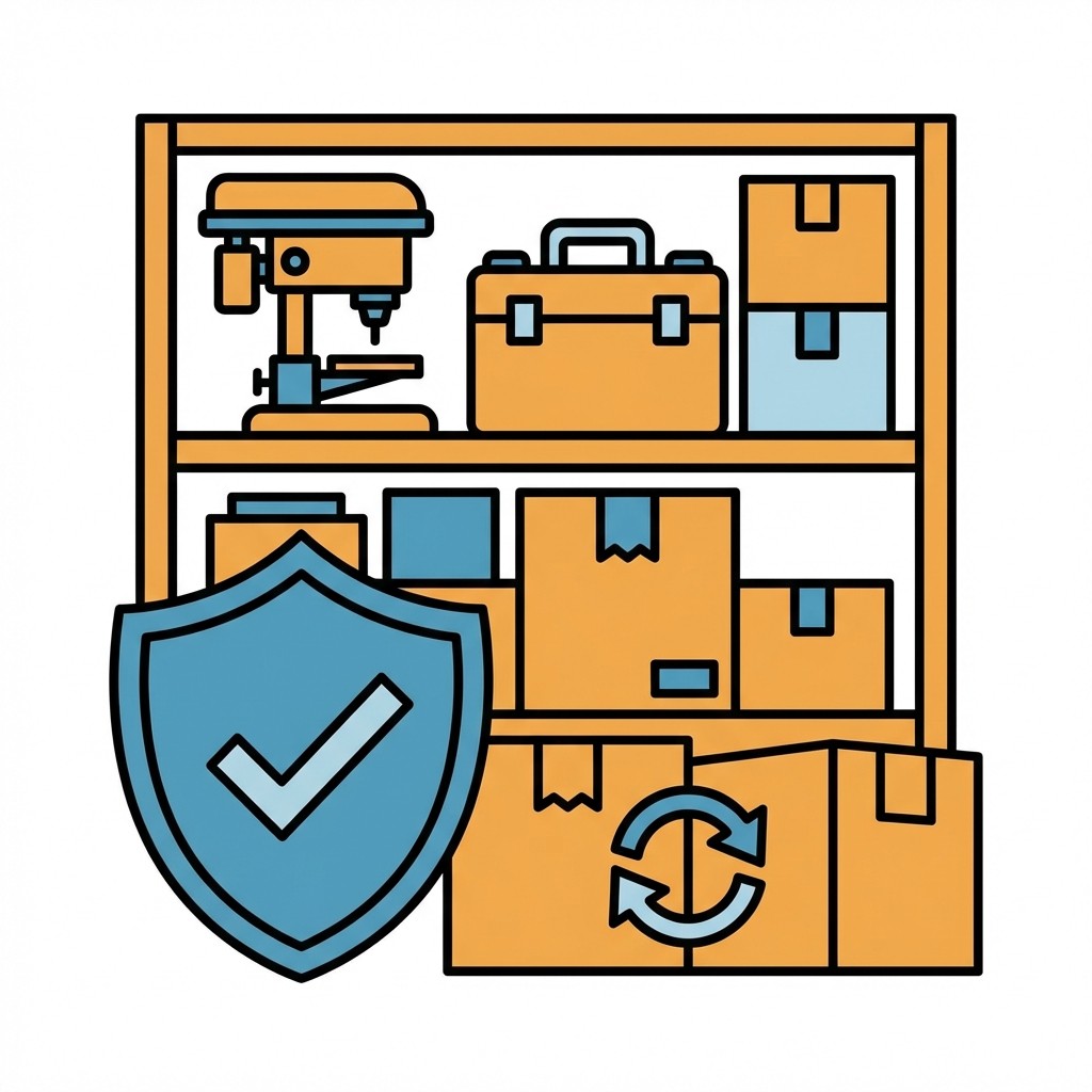 Lagerregal mit Werkzeugen und Kartons, davor ein blaues Schild mit Haken als Symbol für sichere Lagerung.