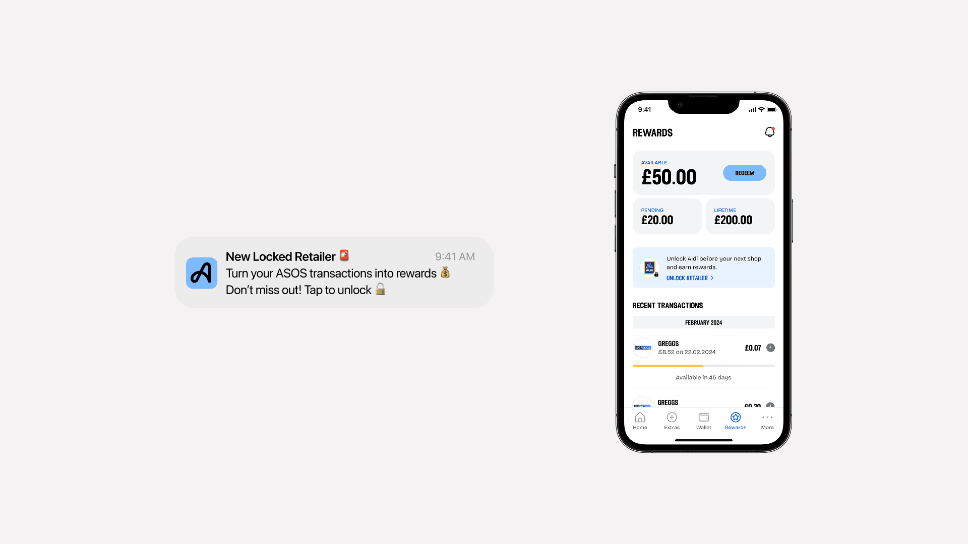 Notification prompting a user to unlock a retailer, alongside the Rewards screen with balances and recent activity.