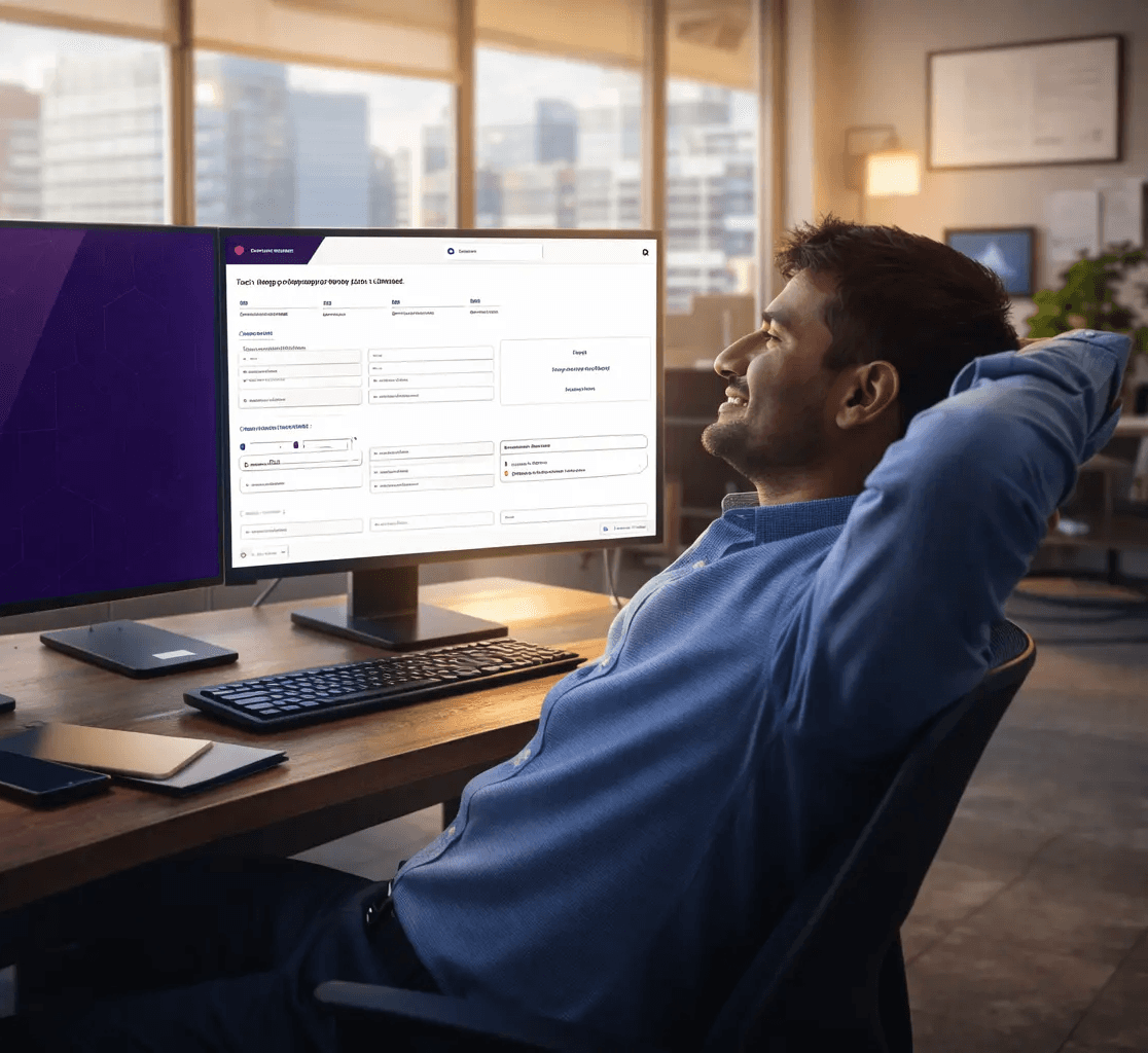 A sleek desktop setup with a large monitor displaying a design application with various tools and color palettes. The desk includes a stylish keyboard, mouse, pen, and a coffee cup, all in elegant golden and white tones, conveying a modern, professional atmosphere.