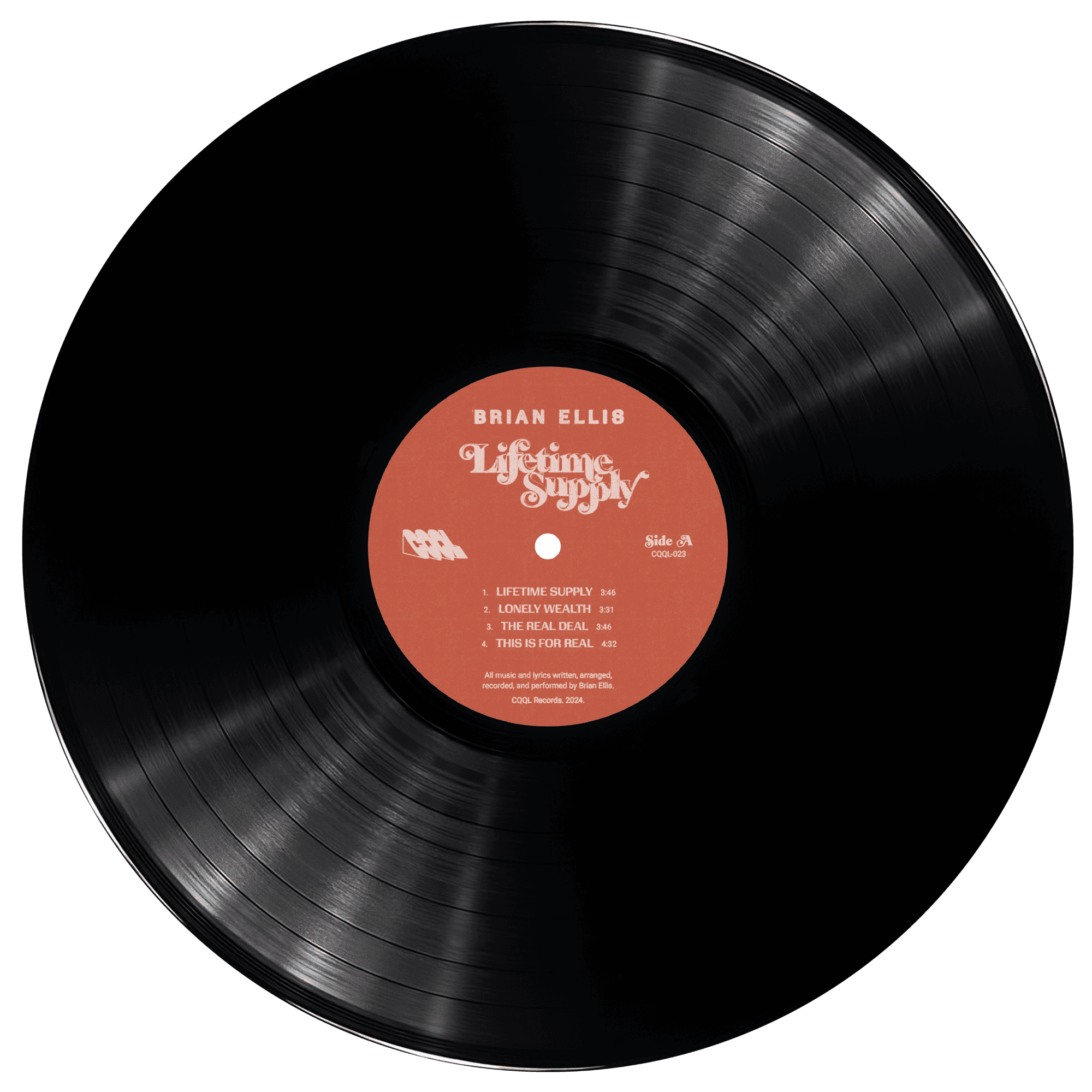 Black vinyl record with a red label on a white background