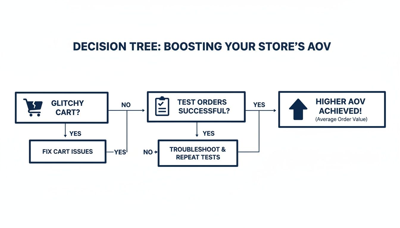 A decision tree flowchart illustrating a process for boosting store's Average Order Value by testing orders.