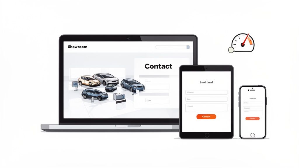 Digital devices displaying an automotive showroom website and lead generation contact forms, with a speed gauge icon.
