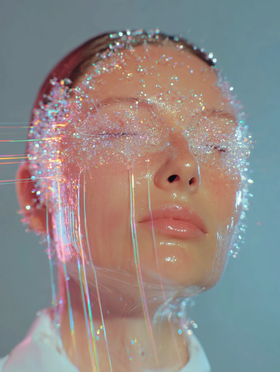 Surreal close-up portrait of a face covered in shimmering glitter and glossy liquid strands.
