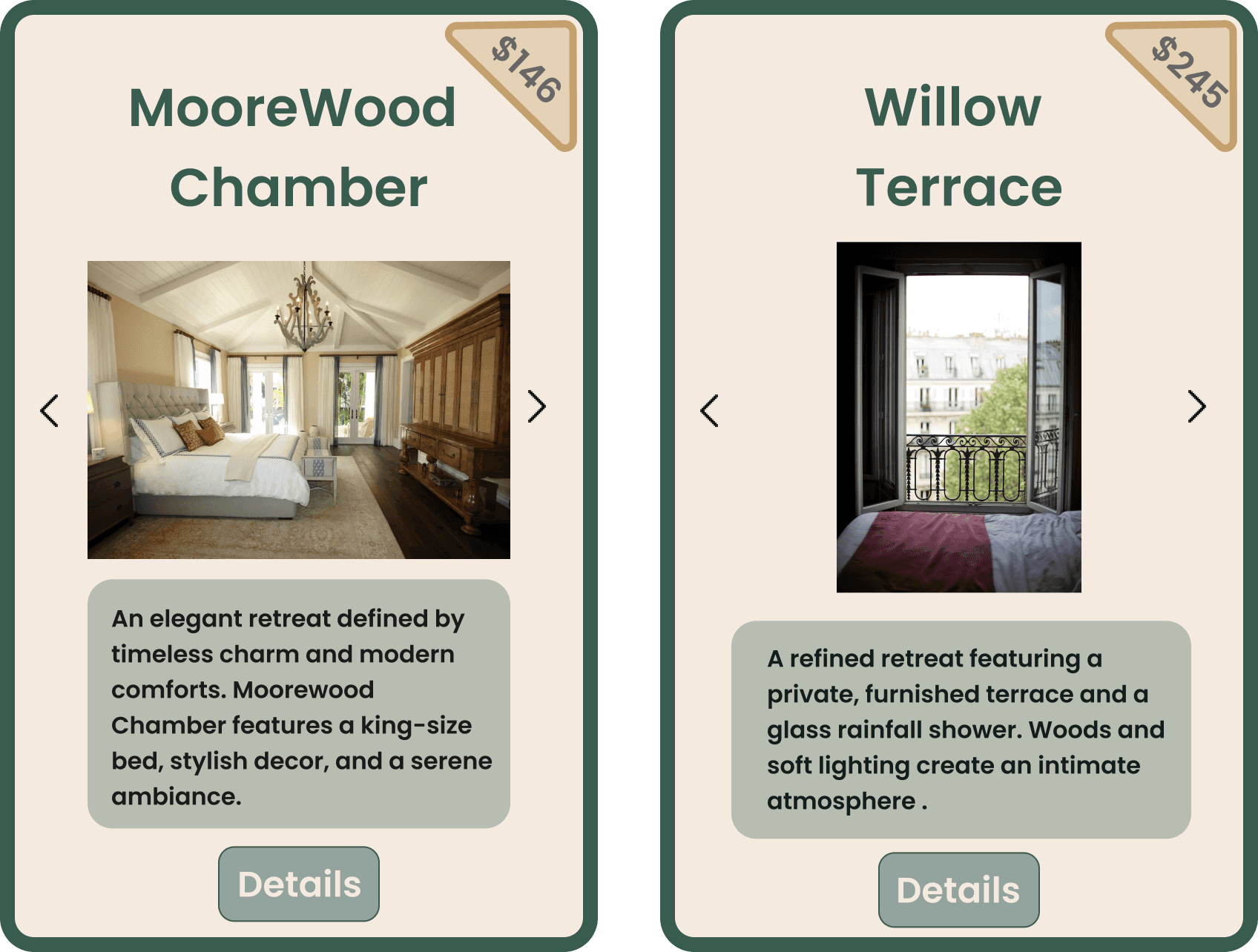 Heritage Manor card item. Room image with listed amenities.