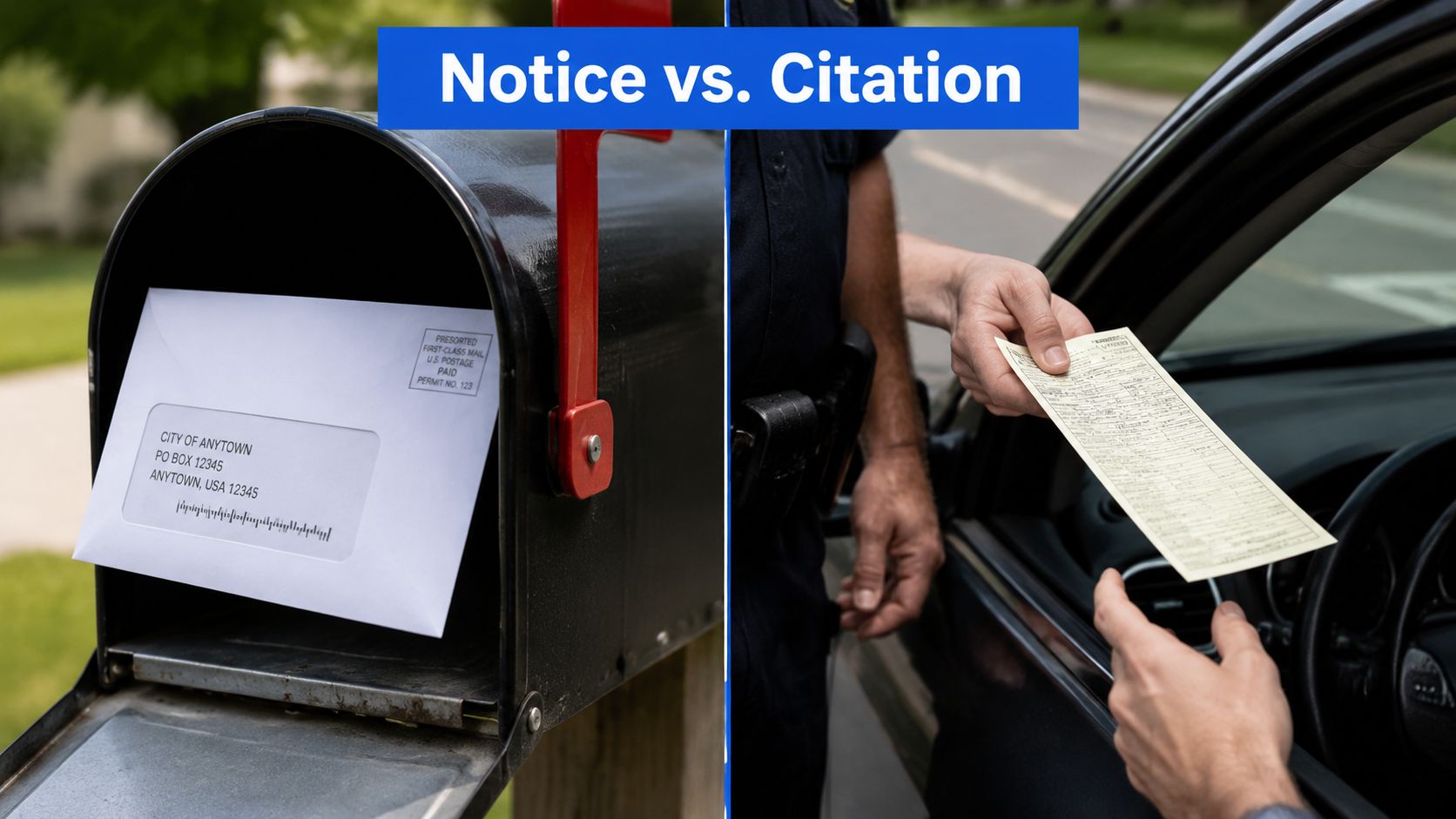 A split screen comparing a mailed notice from the city versus a police officer issuing a traffic citation.