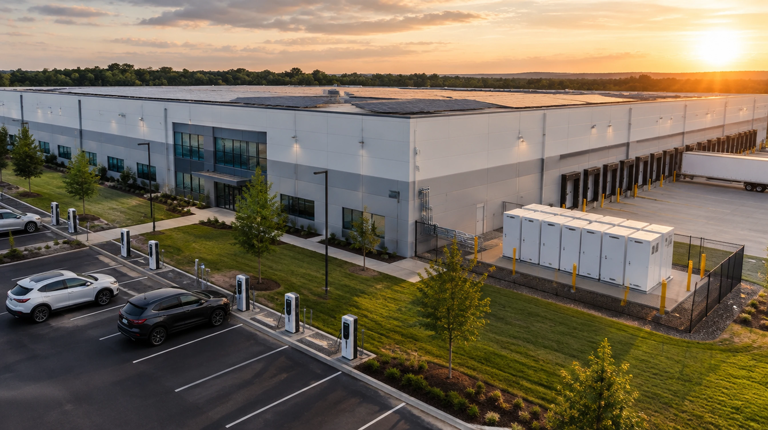 Distribution warehouse with rooftop solar, EV chargers and battery storage cabinets