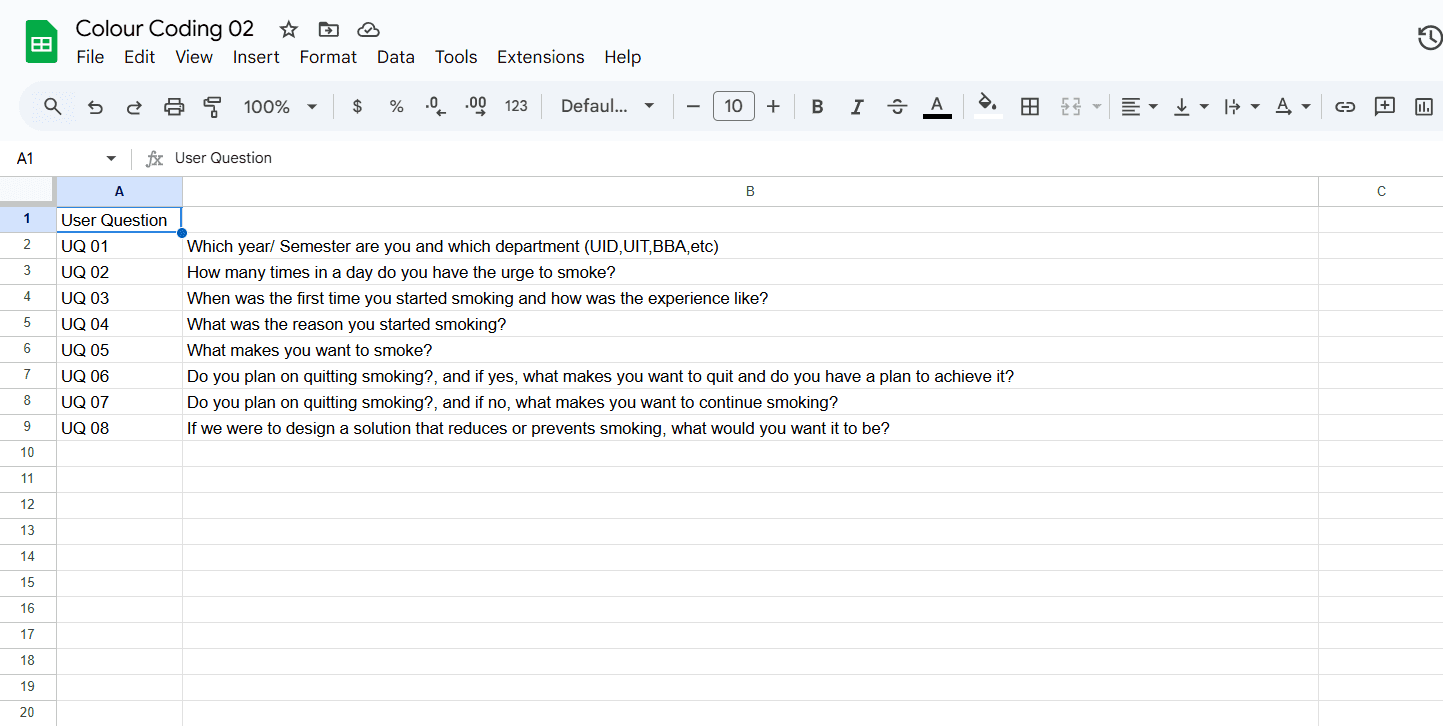 Spreadsheet with the collection of questions for on-field survey