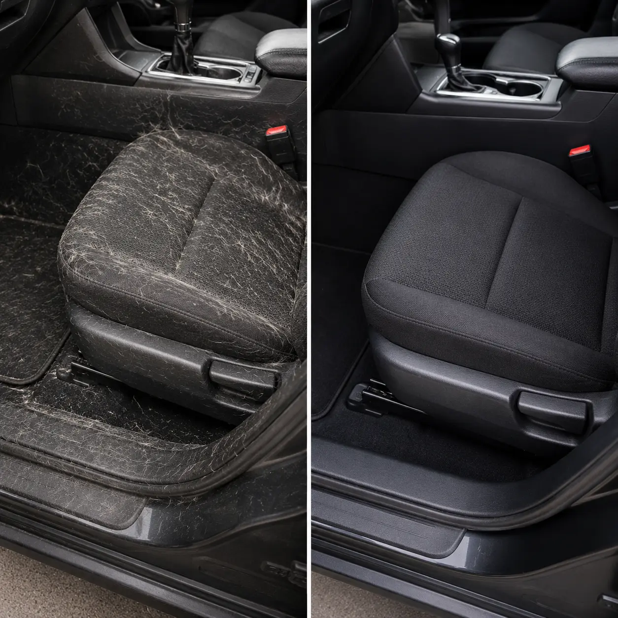 Pet hair being extracted from car upholstery with specialist tools