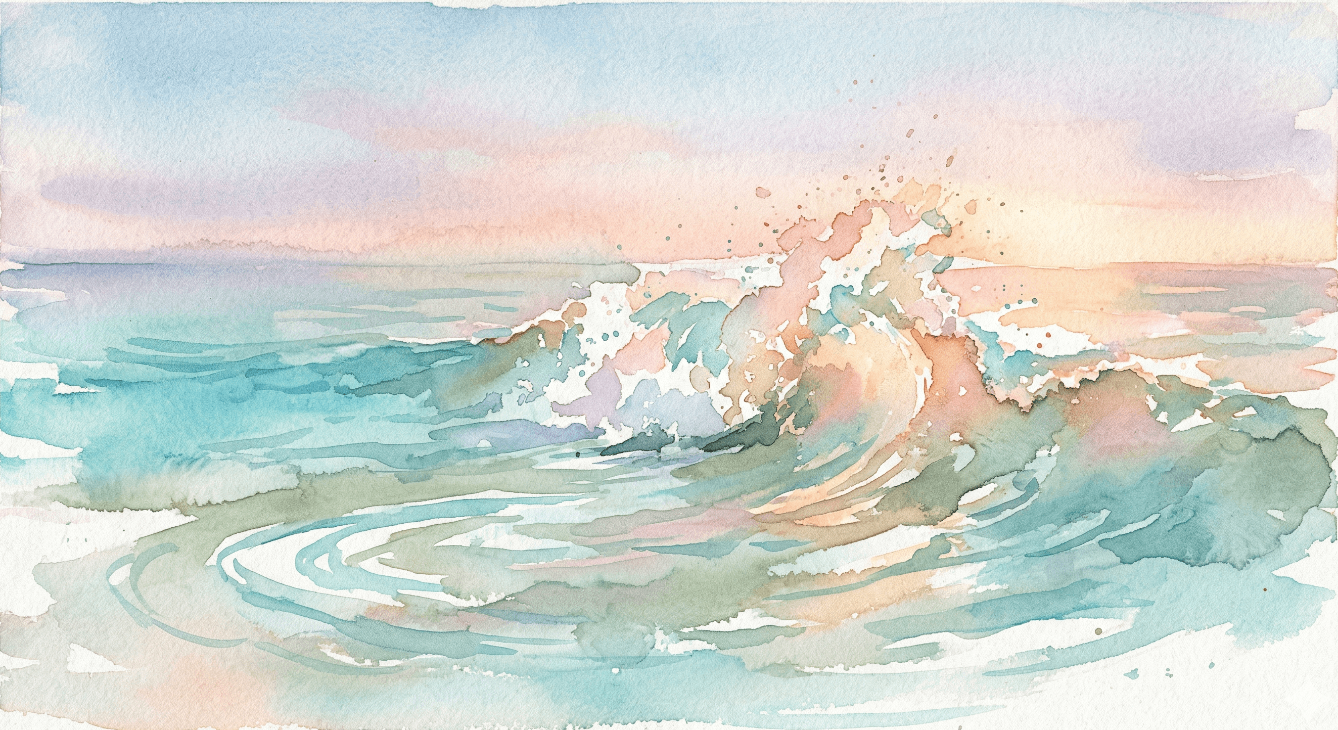 Watercolor ocean wave at golden hour with pink and turquoise light