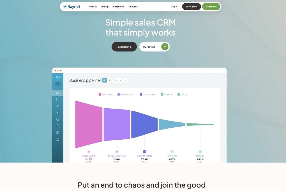 Landing page of a CRM software implemented successfully for a client project.