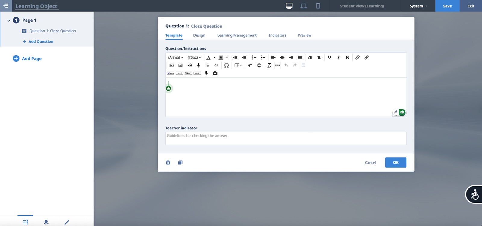 Legacy Studio question editor with dense toolbar and modal-based editing.