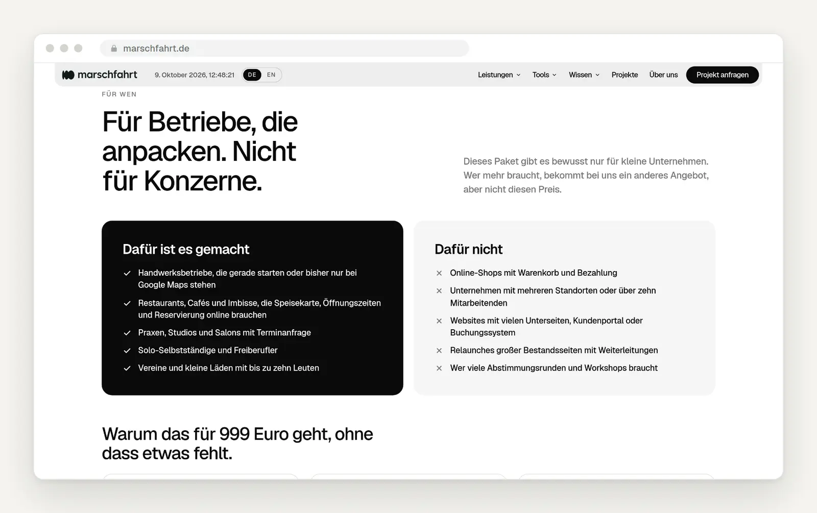 Landingpage-Abschnitt: für wen das Angebot gemacht ist und für wen nicht