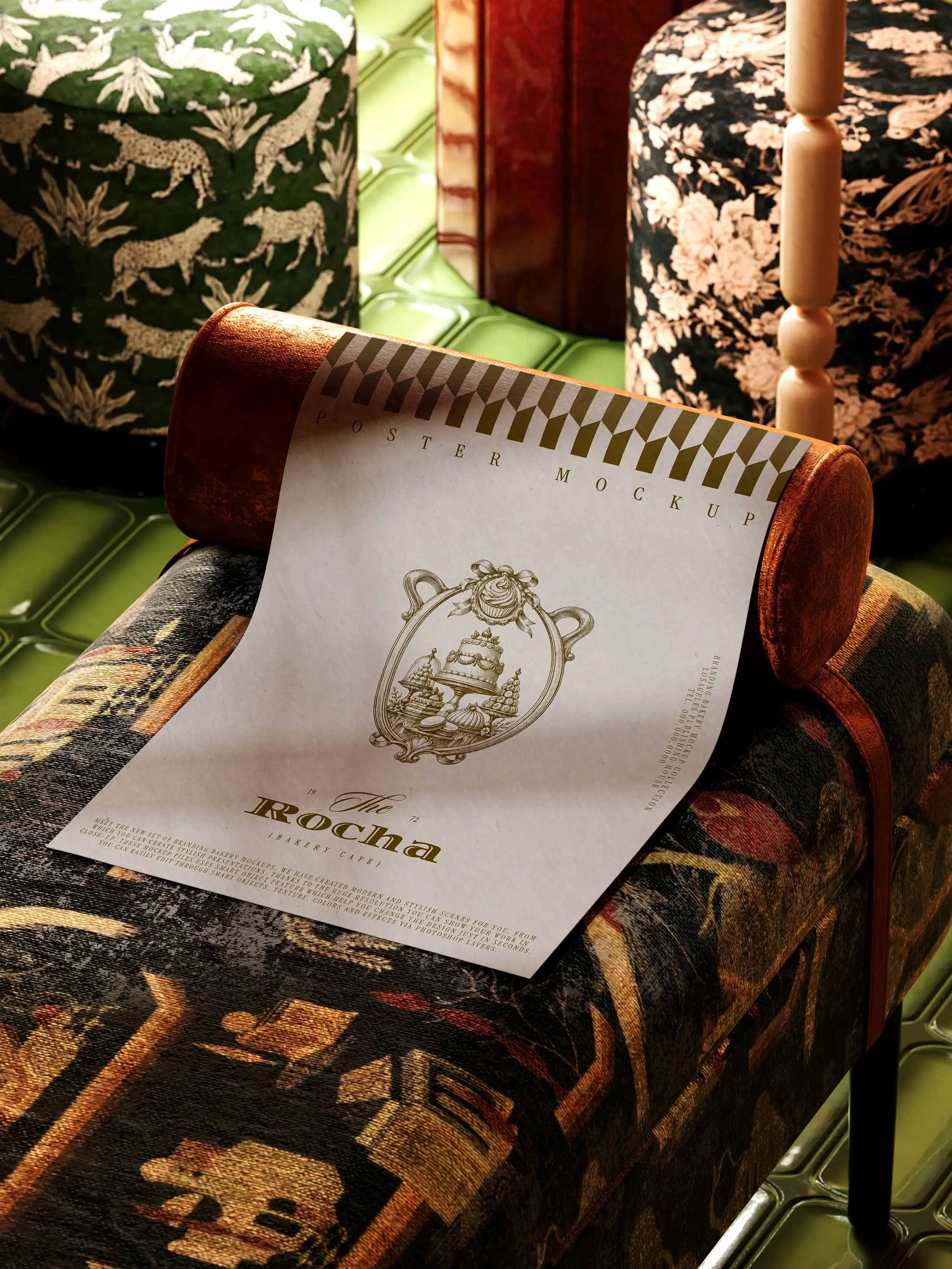 Cream printed paper with an illustrated crest draped over a patterned armchair