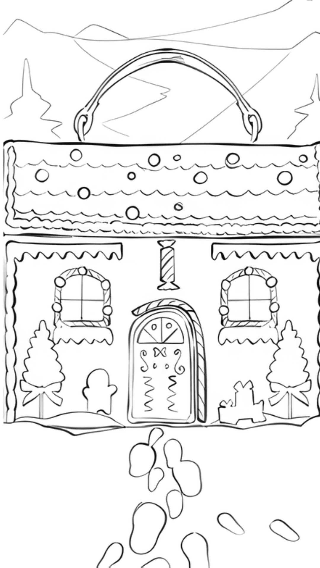 Line art sketches depicting a whimsical gingerbread-themed winter village