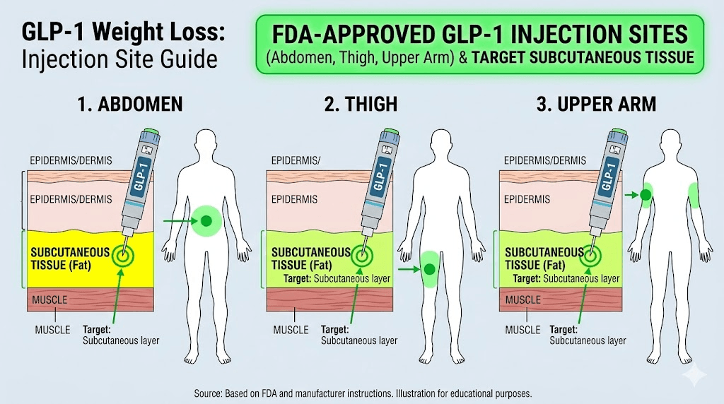 GLP-1 injection sites diagram showing abdomen thigh and upper arm