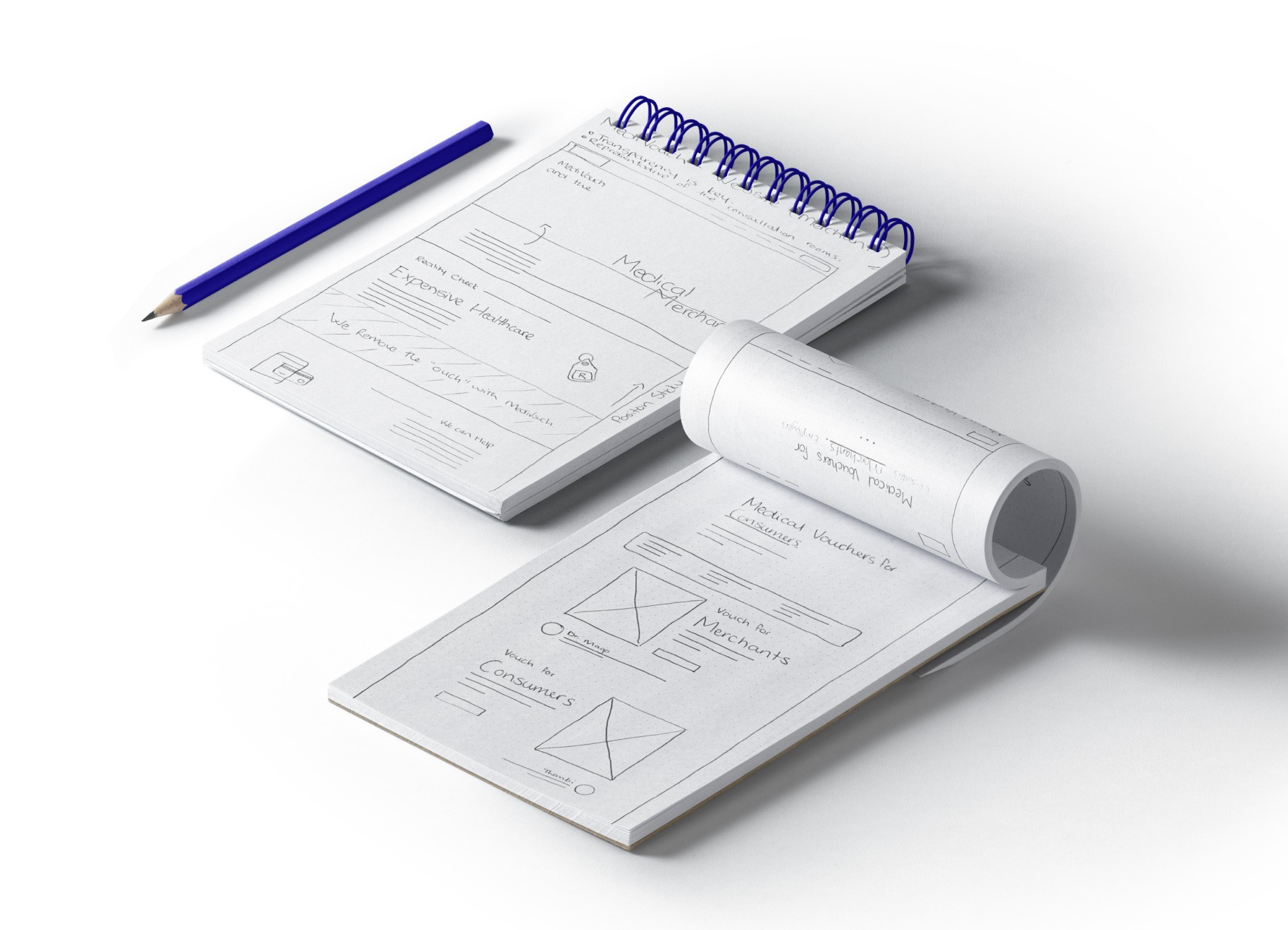 Two booklets with MediVouch website wireframes on a white background