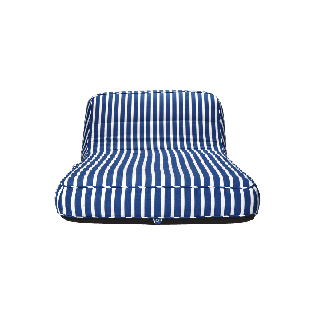 Luxury single pool float in blue-and-white stripe canvas with quilted panels and jet-black base