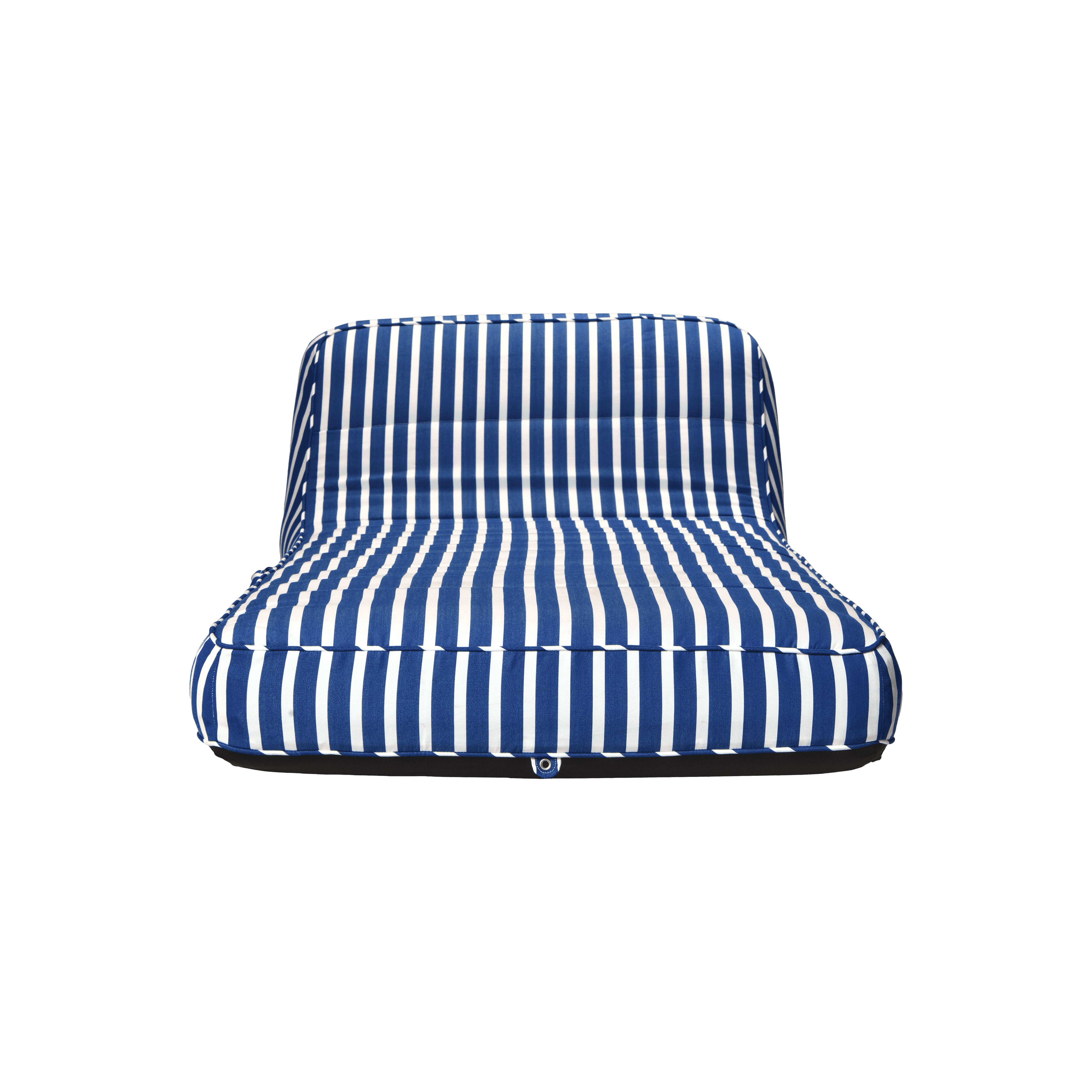 Luxury single pool float in blue-and-white stripe canvas with quilted panels and jet-black base