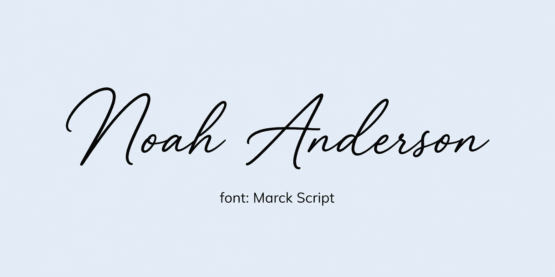 Sample name signed in a cursive signature font on a light background, with the font name labeled below.
