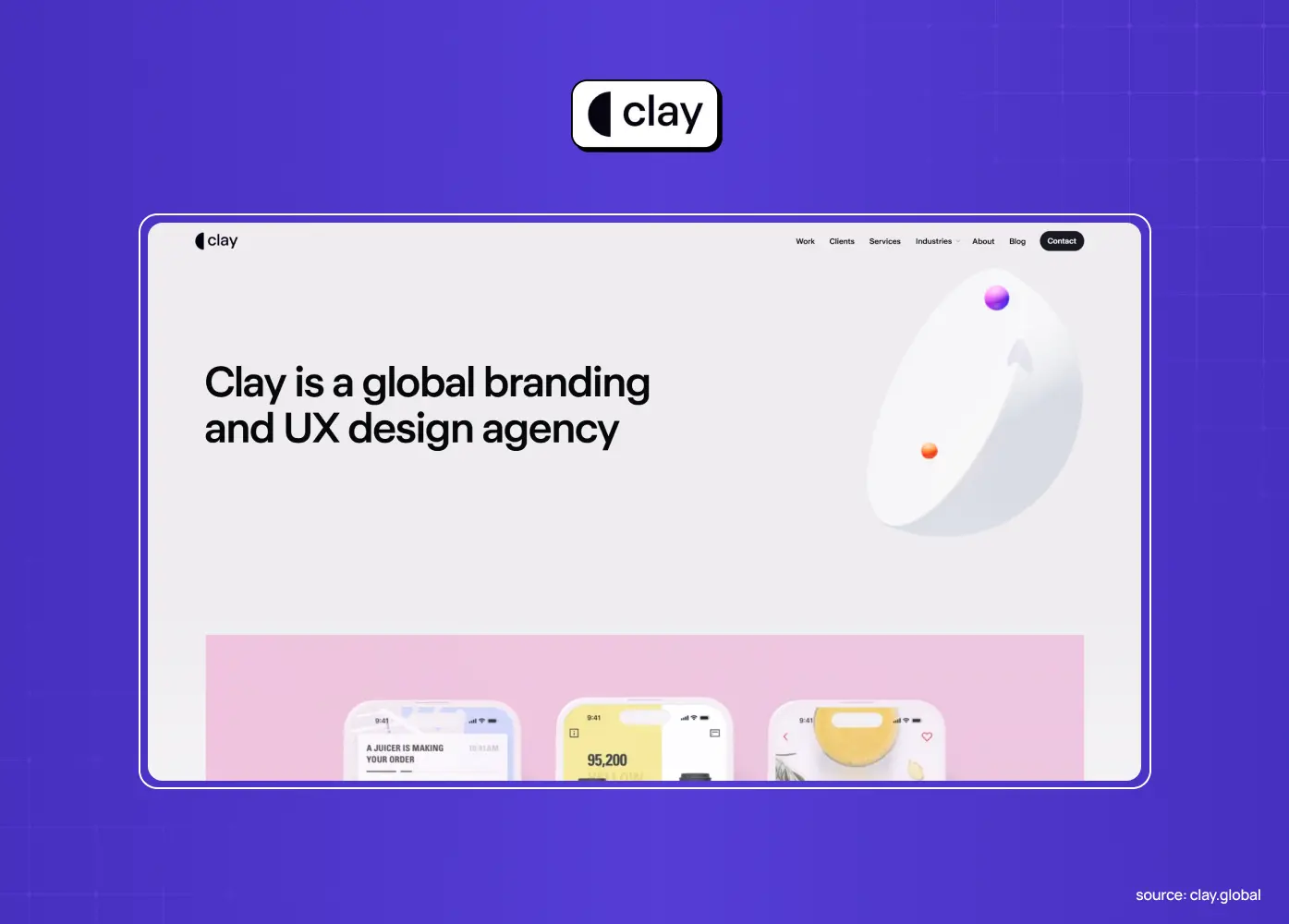 Homepage of Clay, a global branding and UX design agency, featuring a clean layout with bold typography and featured work. 