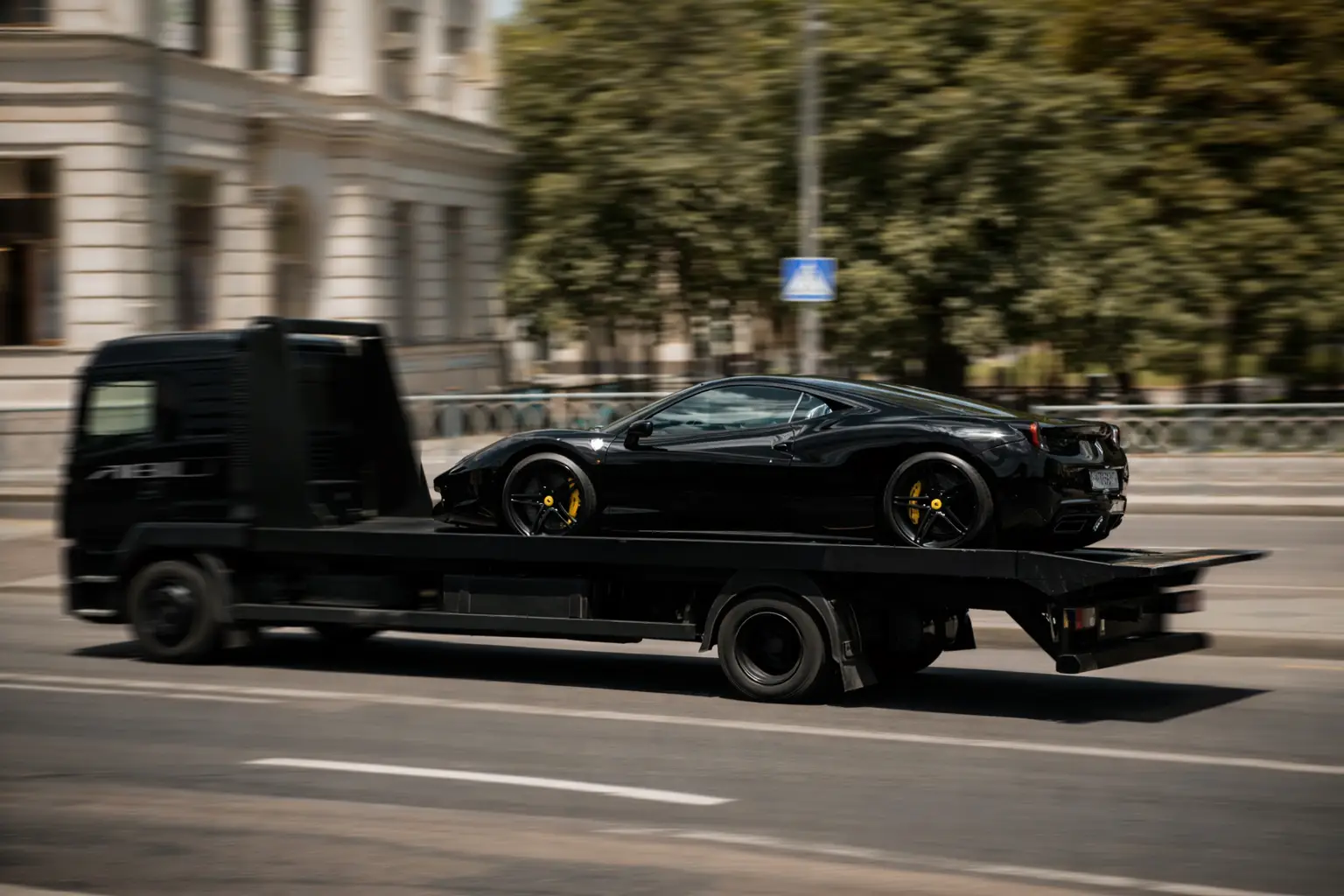 Vehicle being transported on a flatbed tow truck in an urban setting.