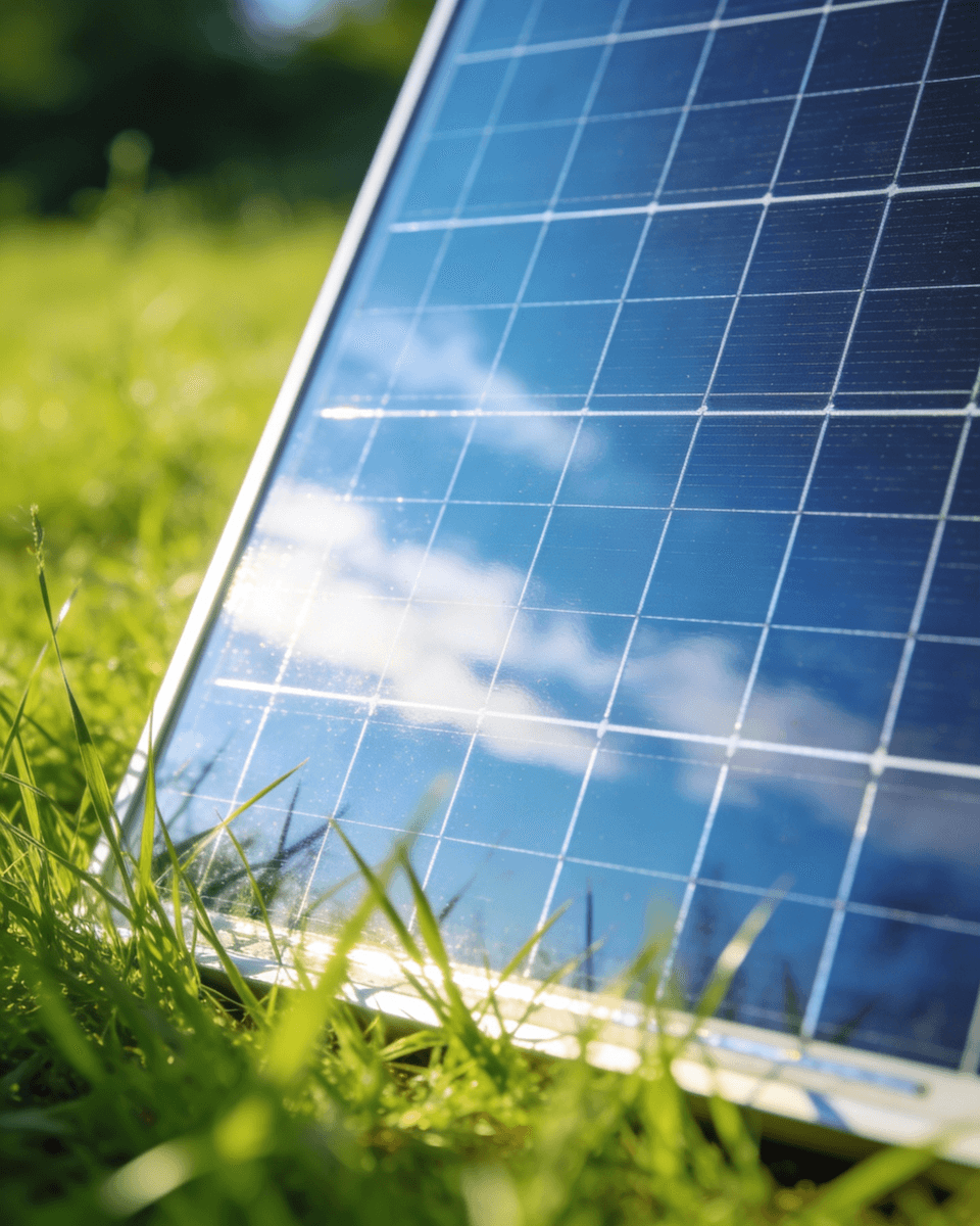Solar panel reflecting blue sky and clouds in a green field