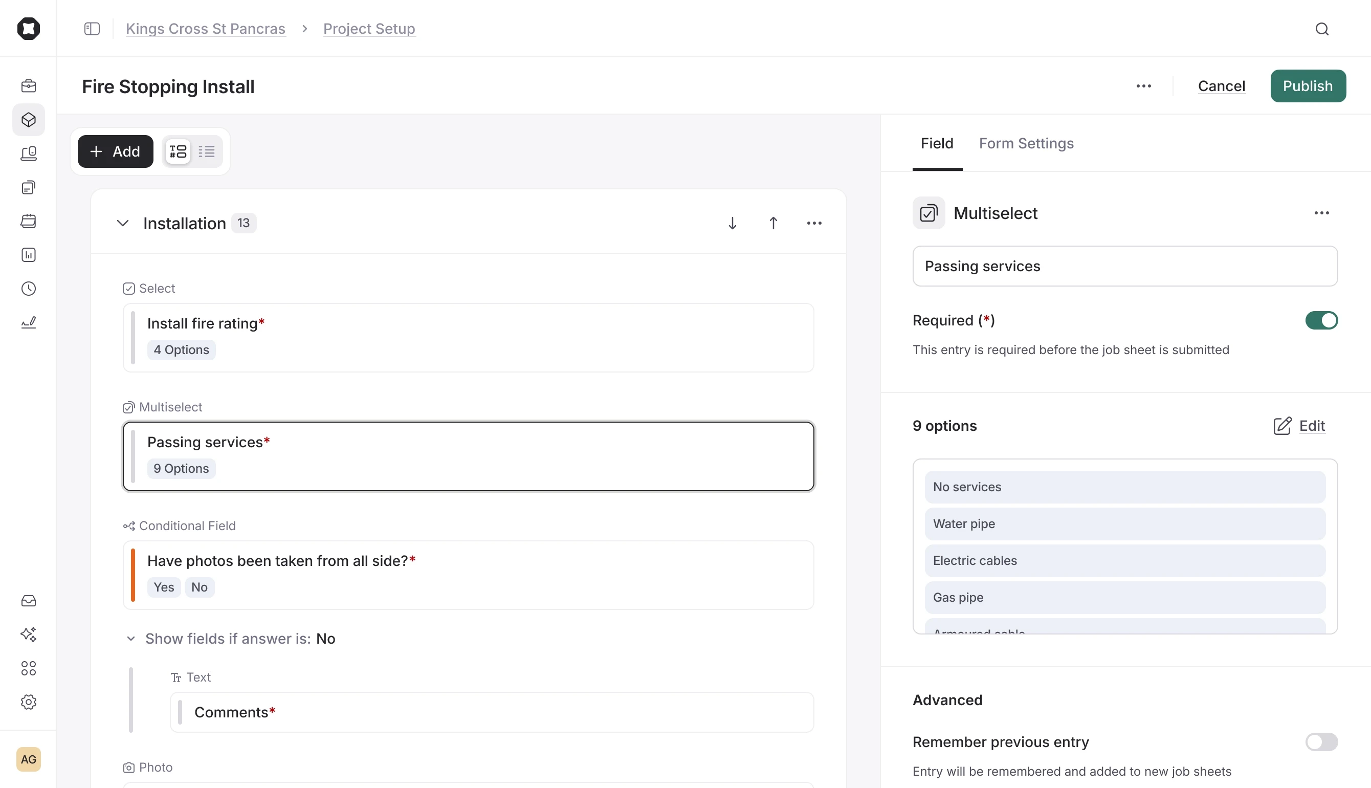 The new Form Builder in Onetrace showing a new form being created with a multiselect field open, showing nine response options.