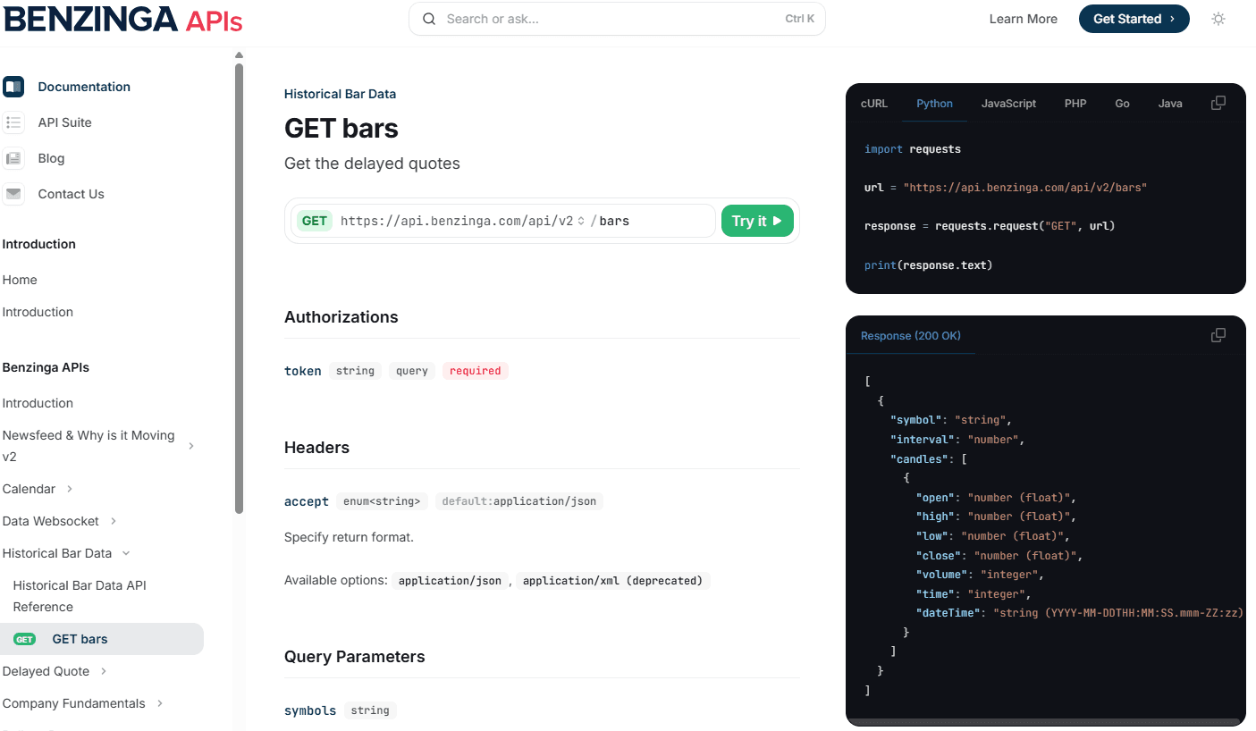 Benzinga GET Bars endpoint