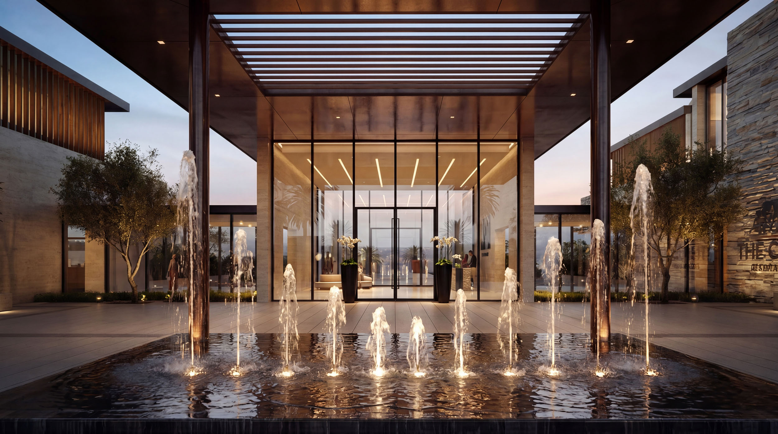 Architectural CGI render of hotel entrance with fountains