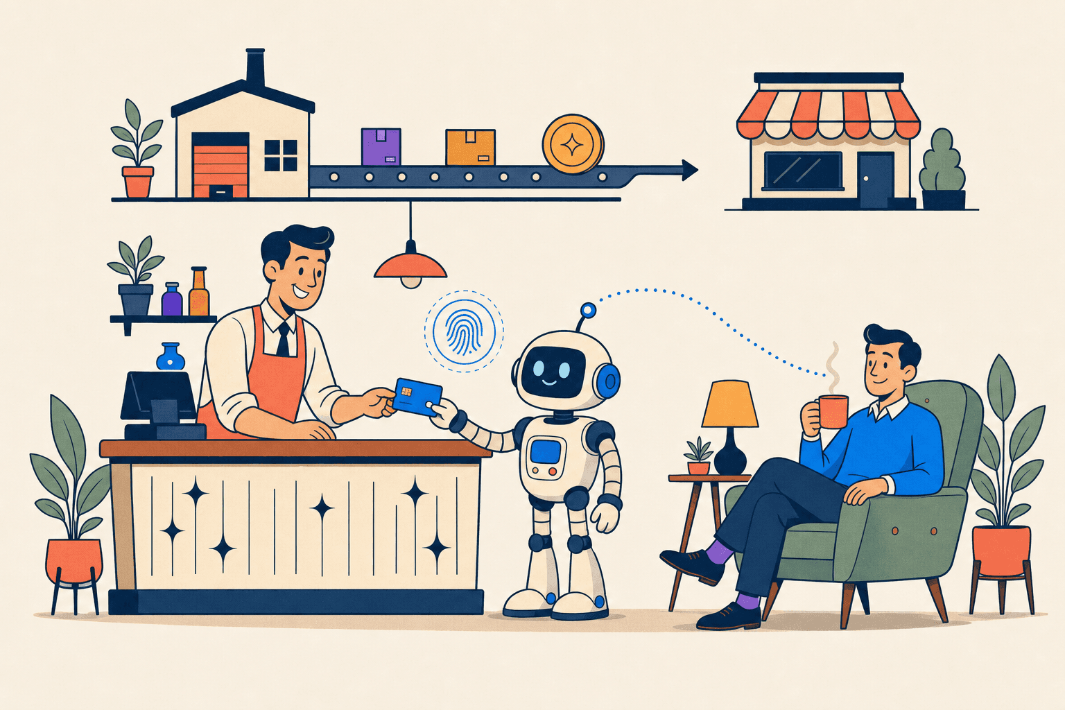 Illustration: Ein Roboter-Assistent bezahlt mit Karte an einer Ladentheke, während sein Besitzer entspannt Kaffee trinkt