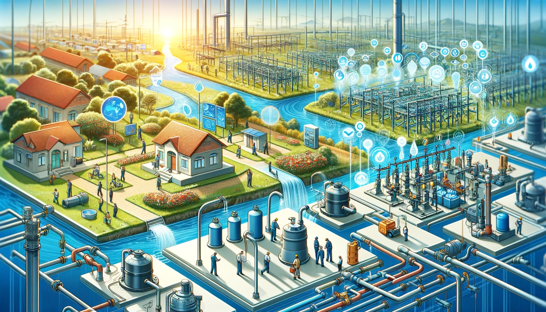 The image depicts a modern, technologically advanced water management and energy infrastructure integrated into a community setting. Key elements of the image include:  Residential Area:  Houses: Several houses with red roofs are situated in a well-organized residential area, surrounded by greenery and trees. Community Interaction: People are seen walking, talking, and engaging in daily activities, indicating a lively and active community. Water Management System:  Pipelines and Tanks: A complex network of pipelines and water tanks is visible, suggesting an advanced water distribution and treatment system. Water Flow: Clean water flows through canals and streams, integrating seamlessly with the natural landscape. Energy Infrastructure:  Power Grid: Extensive power grid infrastructure, including pylons and transformers, is visible, indicating a robust electricity distribution system. Energy Generation: The presence of energy generation facilities, possibly using renewable sources, highlights a sustainable energy approach. Technological Integration:  Digital Displays and Holograms: Various digital displays and holographic icons represent different technological aspects, including water and energy management, data analytics, and smart systems. Automated Systems: The use of automated systems and advanced machinery is evident, suggesting efficiency and modernity. Research and Monitoring:  Scientists and Technicians: People dressed in lab coats are seen working with equipment, indicating ongoing research, monitoring, and maintenance activities. Control Panels: Multiple control panels and monitoring stations are present, emphasizing real-time data collection and system management. Natural Integration:  Green Spaces: The community is surrounded by lush greenery, parks, and landscaped areas, promoting environmental sustainability and a high quality of life. Water Features: Natural water features such as streams and ponds are integrated into the design, enhancing the aesthetic and ecological value. Smart Technology:  Connected Devices: Numerous connected devices and IoT elements are depicted, showing how the community and infrastructure are linked through smart technology. Efficiency and Security: Icons related to energy efficiency, water conservation, and security are prominently displayed, indicating a focus on sustainable and safe living. Educational and Informational Elements:  Information Boards: Information boards and digital kiosks provide residents with real-time updates and educational content about water and energy usage. Community Awareness: The overall design promotes community awareness and engagement with the technological and environmental systems in place. Overall, the image presents a vision of a futuristic, eco-friendly community where advanced technology, sustainable practices, and community living are seamlessly integrated to create an efficient and harmonious environment.