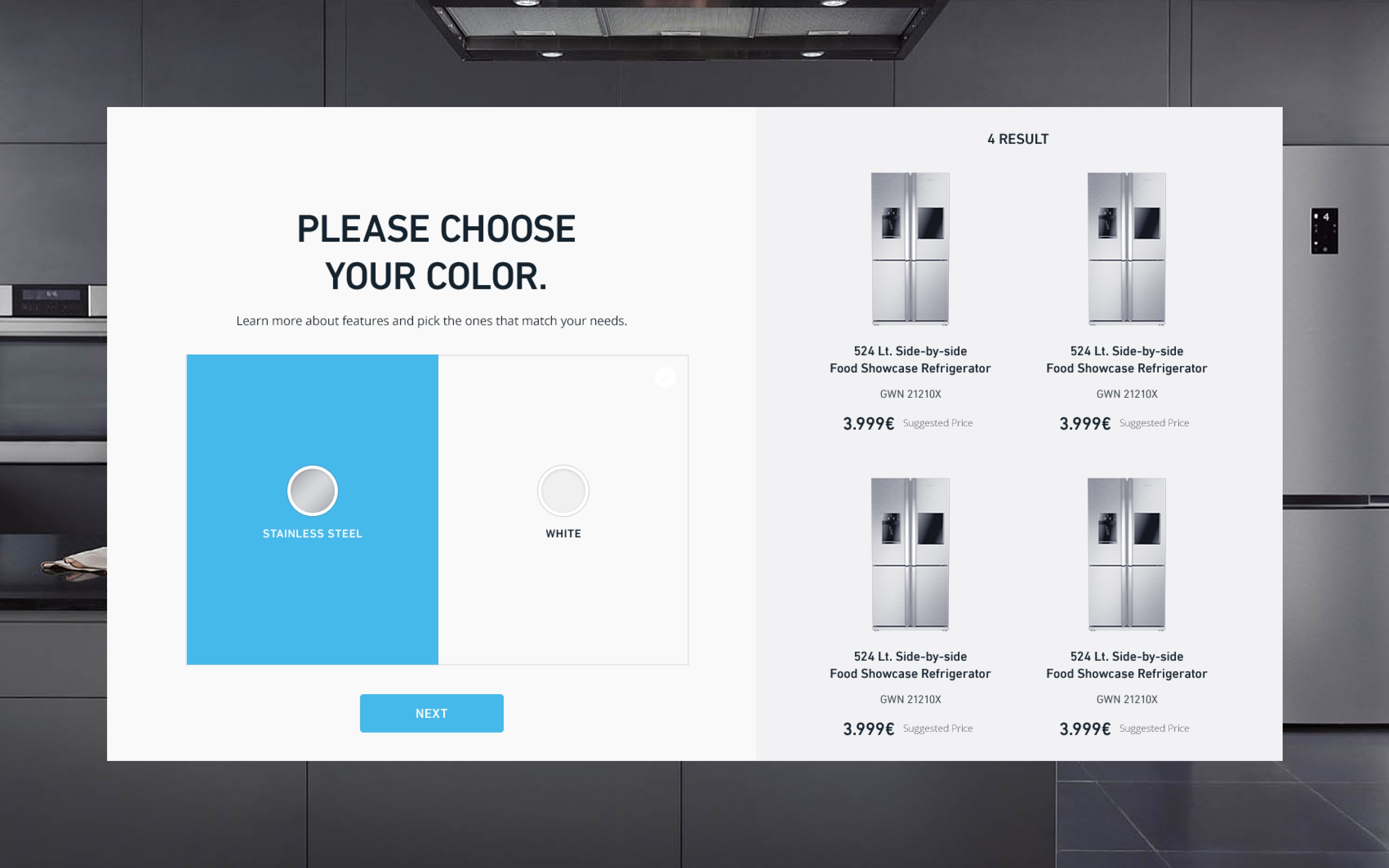 Grundig refrigerator wizard color selection screen showing stainless steel and white options for personalized choice.