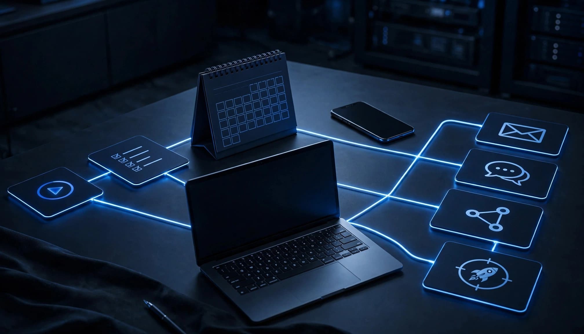 Laptop, phone, calendar, and workflow cards show a connected customer onboarding process.