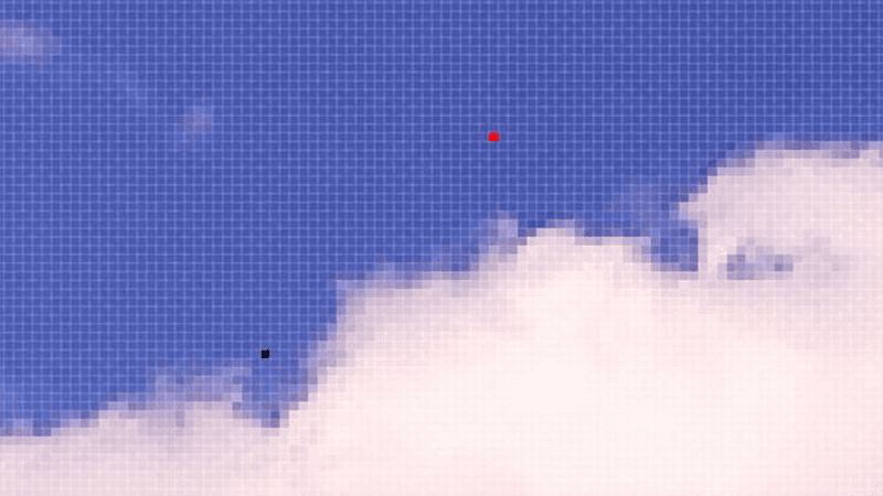 Close-up of a computer monitor displaying a blue sky with clouds, highlighting dead pixels as small red and black spots on the screen.