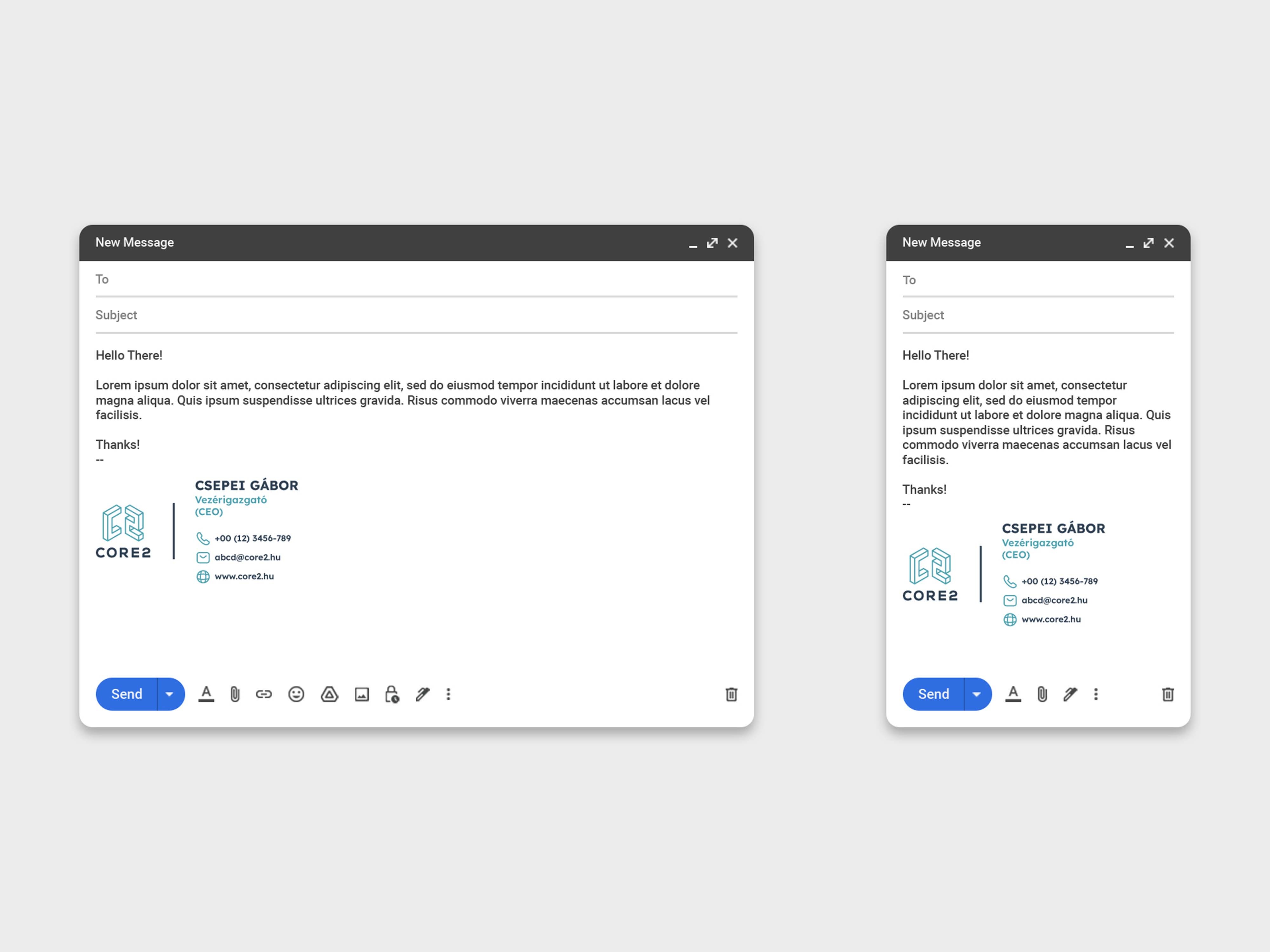 Email signature layout on desktop and mobile - Core2, a property development brand identity.
