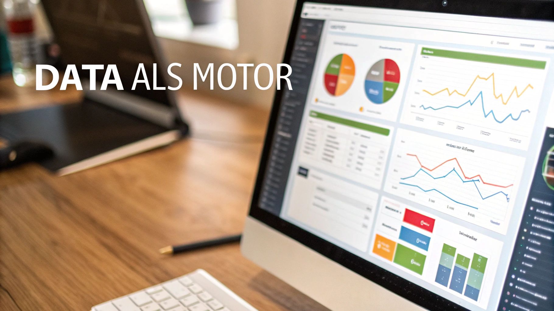 Een bureau met laptop en computerscherm dat datavisualisaties toont, met de tekst 'DATA ALS MOTOR'.