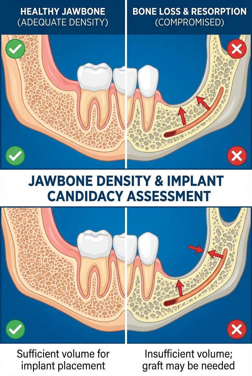 Medical illustration comparing healthy jawbone with adequate bone density versus bone loss affecting implant candidacy