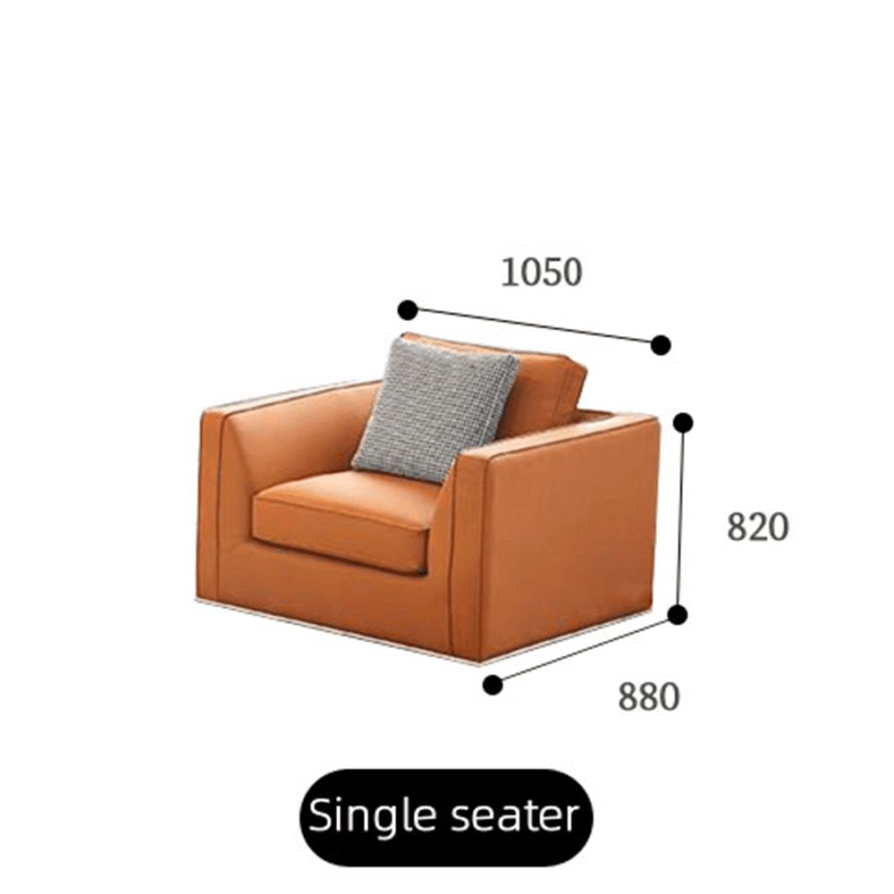 Contemporary tan orange leather armchair size 1050x880x820 mm, premium leather upholstery, gray checkered throw pillow, modern low-profile design with silver base trim, stylish single seater chair or accent chair