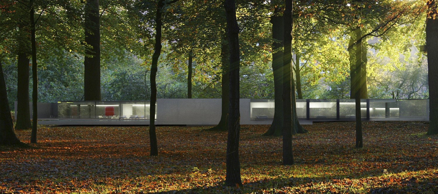 Rox House forest integration: Low-profile structure composed of rectangular volumes nestled in the dense vegetation and sunlight.