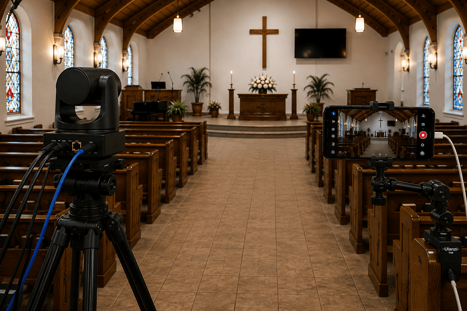 Professional multi-camera livestream setup inside a church sanctuary using a PTZ camera and mobile camera.