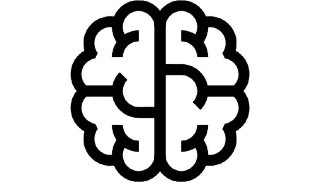 The image displays a simple black outline of a human brain, symbolizing intelligence and cognition, set against a transparent background.