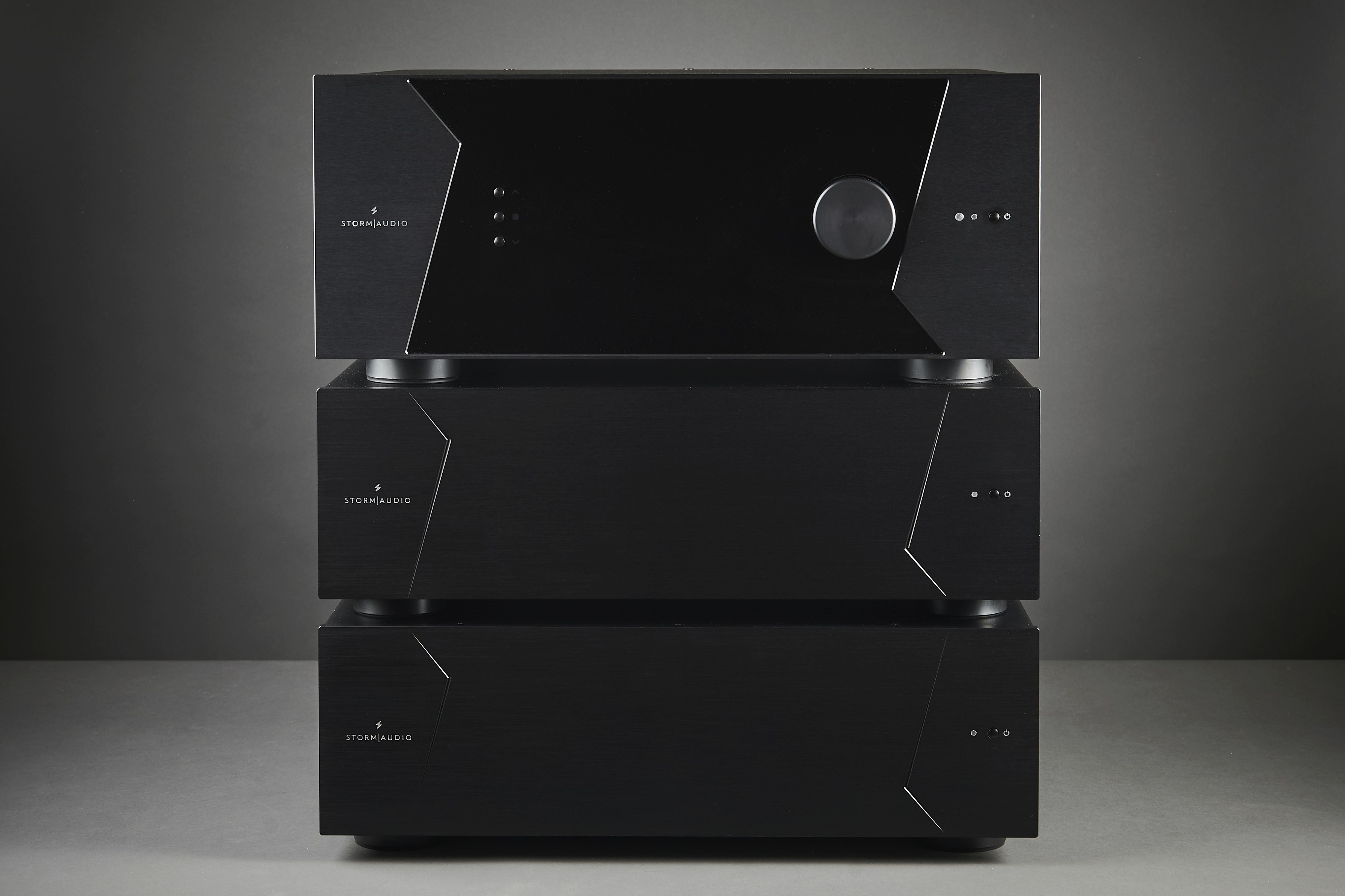 StormAudio stereo amplifiers stacked