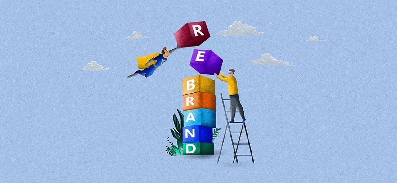 Create a vibrant and dynamic illustration showcasing a small business owner surrounded by various branding elements such as a logo, color palette, social media icons, and a website. The background should depict a lively and successful small business environment.