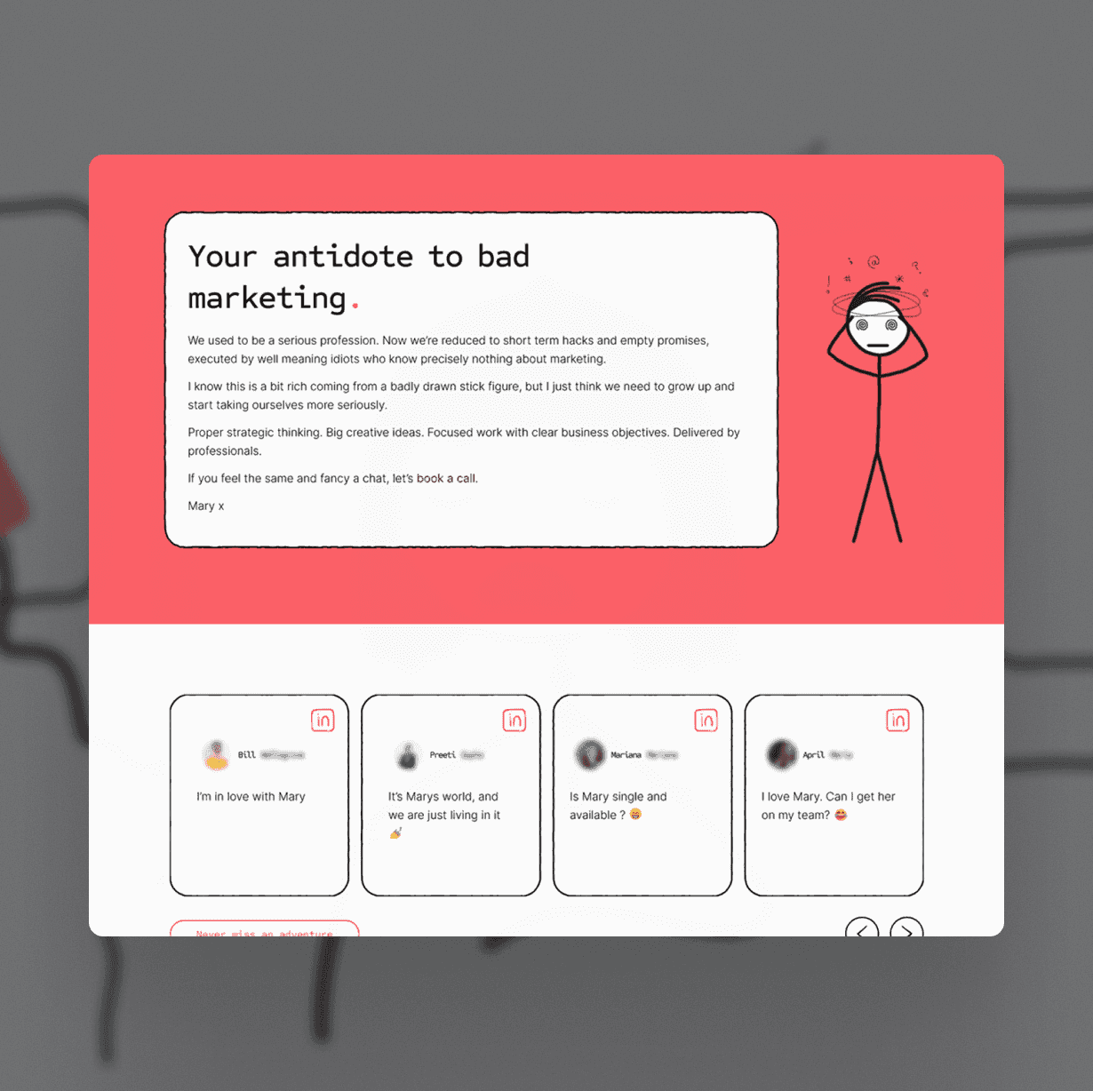 ary Agency blog or landing page with the headline "Your antidote to bad marketing" and a hand-drawn stick figure illustration