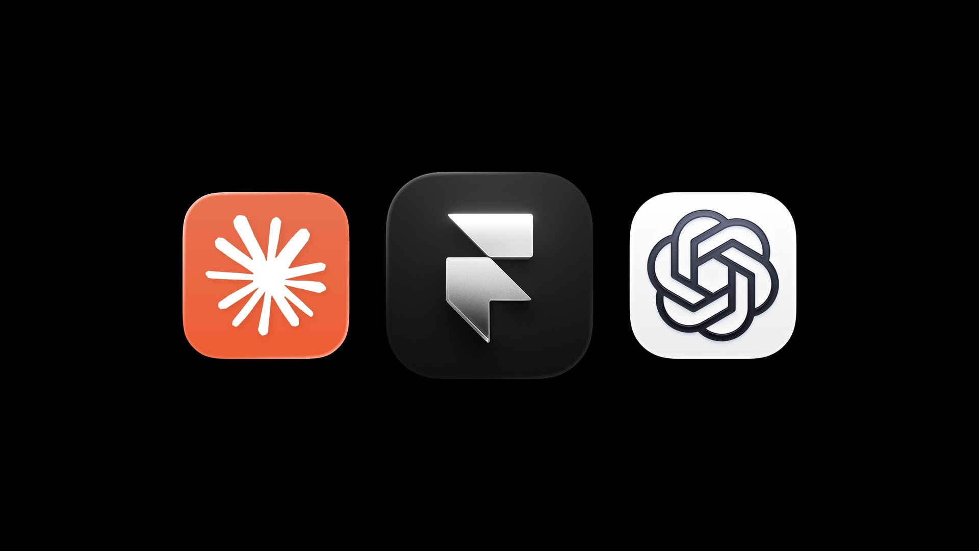Claude, Framer and ChatGPT app icons side by side on a black background, from Framer’s External Agents page