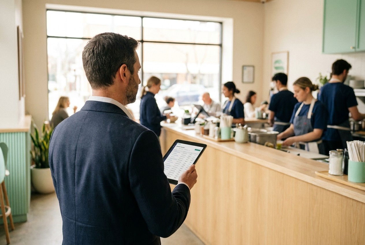 Cadre dirigeant d une enseigne de restauration consultant la vue consolidée des factures fournisseurs de son réseau multi-établissement sur tablette
