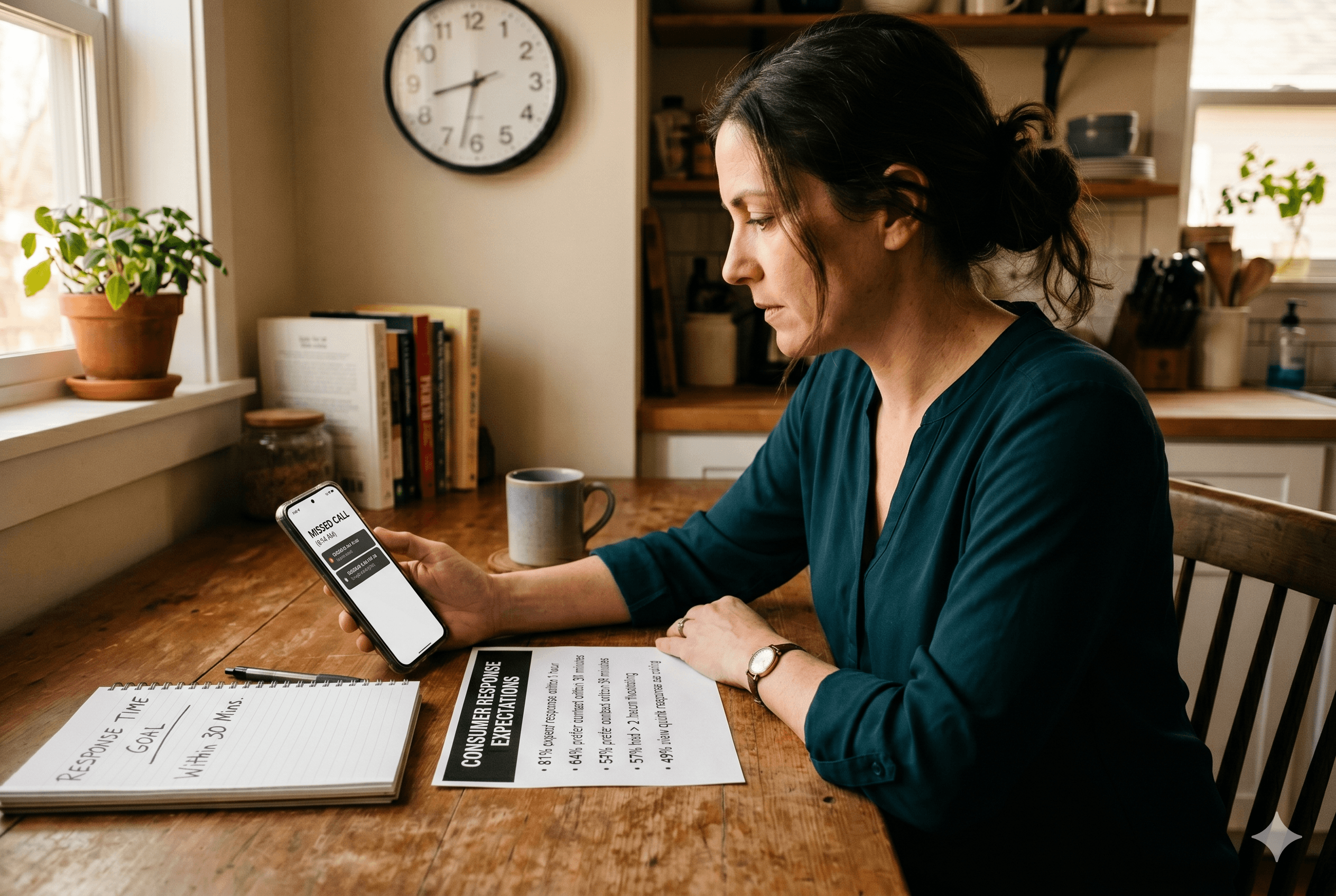 A woman looks at a missed call on her smartphone while sitting at a kitchen desk. Beside her is a survey sheet titled "Consumer Response Expectations" and a notepad with a handwritten "Response Time Goal" of 30 minutes.