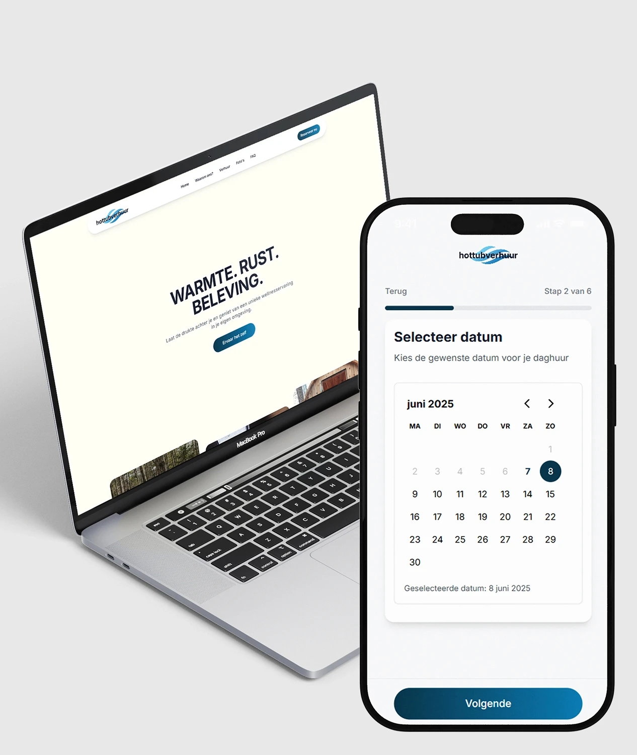 Openstaande laptop met nieuwe website van Hottubverhuur met hiernaast een mobiele telefoon en een agenda planner.